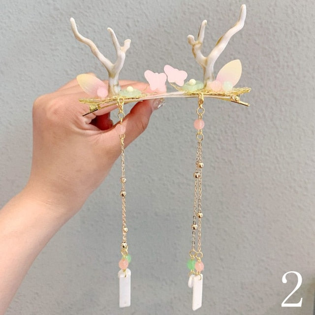 Qfdian Christmas decor ideas 2Pcs Chinese tradditonal style hanfu Christmas Deer Antlers Hair Clips Flowers Girls Women Hairpins with tassel Hair Accessories