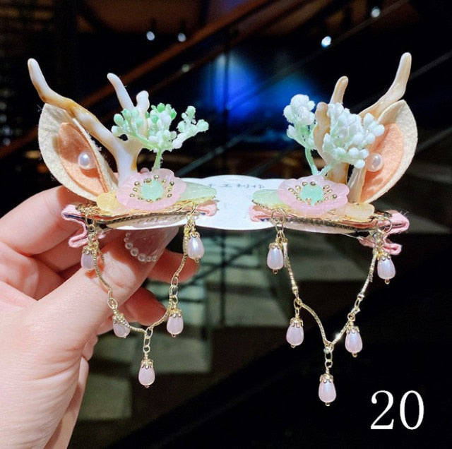 Qfdian Christmas decor ideas 2Pcs Chinese tradditonal style hanfu Christmas Deer Antlers Hair Clips Flowers Girls Women Hairpins with tassel Hair Accessories