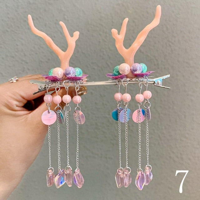 Qfdian Christmas decor ideas 2Pcs Chinese tradditonal style hanfu Christmas Deer Antlers Hair Clips Flowers Girls Women Hairpins with tassel Hair Accessories