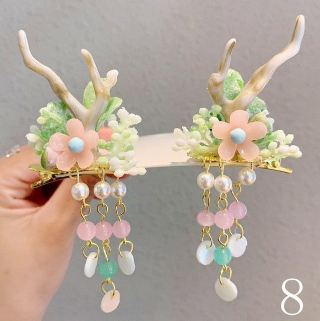 Qfdian Christmas decor ideas 2Pcs Chinese tradditonal style hanfu Christmas Deer Antlers Hair Clips Flowers Girls Women Hairpins with tassel Hair Accessories