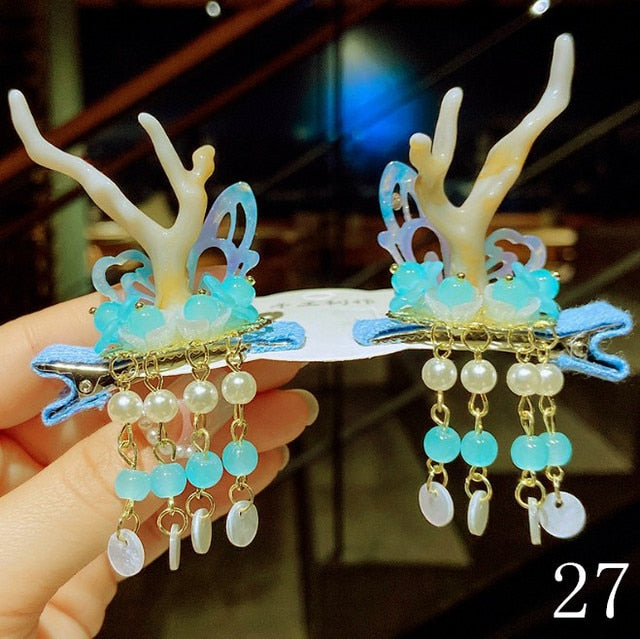 Qfdian Christmas decor ideas 2Pcs Chinese tradditonal style hanfu Christmas Deer Antlers Hair Clips Flowers Girls Women Hairpins with tassel Hair Accessories