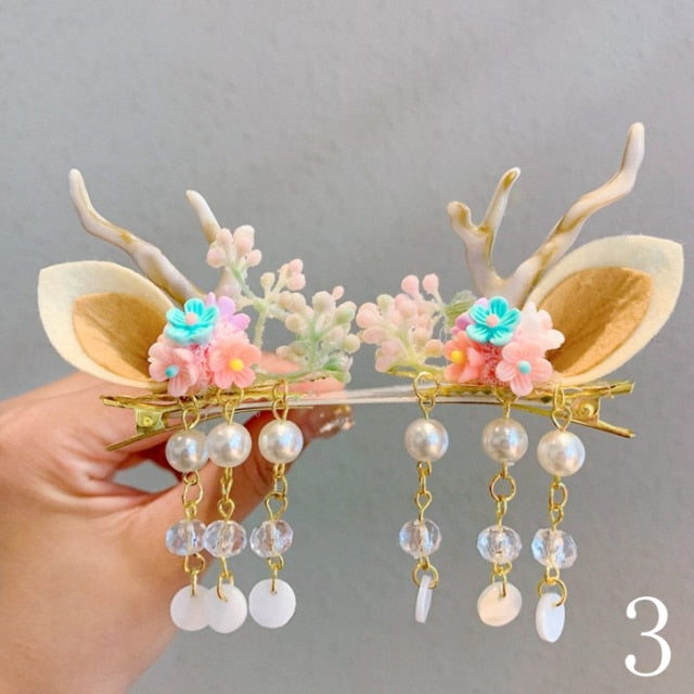 Qfdian Christmas decor ideas 2Pcs Chinese tradditonal style hanfu Christmas Deer Antlers Hair Clips Flowers Girls Women Hairpins with tassel Hair Accessories