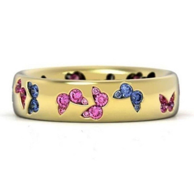 Qfdian Fashion Creative Butterfly Colorful Wedding Rings For Women Elegant Multicolor Zircon Glamour Ring Jewelry Girl Gift Bijoux