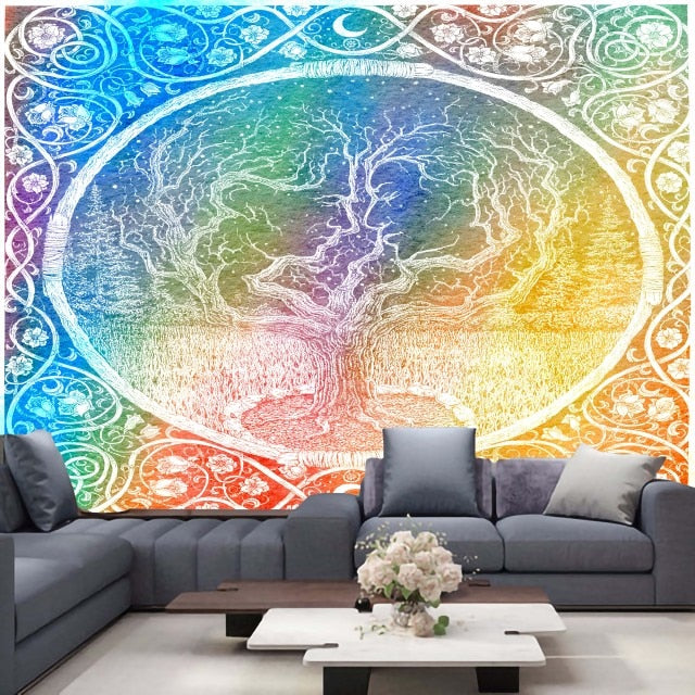 Qfdian Psychedelic Tree Tapestry  Mandala Wall Hanging Macrame Hippie Tapestries for Living Room Home Decor