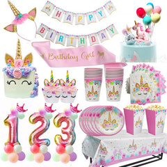 QFDIAN Unicorn Birthday Party Decors Disposable Tableware Kit Unicorn Balloons Unicornio Decoration Baby Shower Girl 1 2 Birthday Party