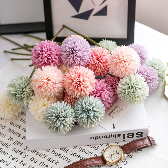 Qfdian valentines day gifts 1/3/5PcsBunch Artificial Flower Bouquet Silk Dandelion Flower Ball Fake Flowers DIY Home Widding Decoration Valentines Day Gifts