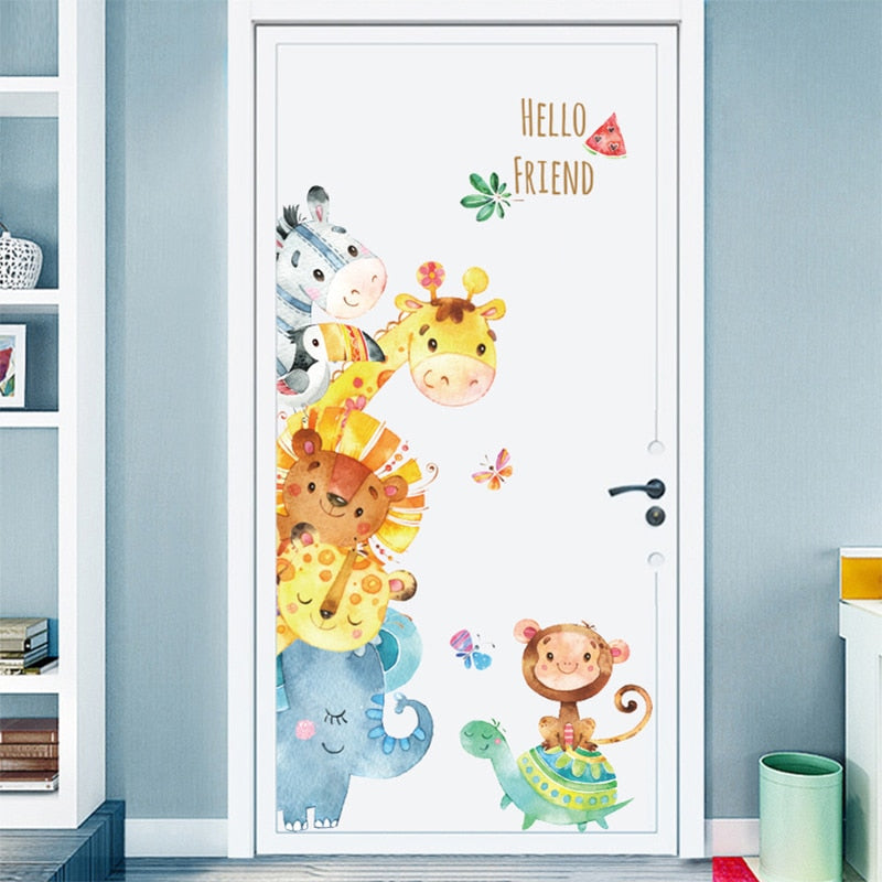 Funny Animals Friends Party Vinyl Wall Stickers for Kids room Nursery Bedroom Door Wall Decor Cartoon Wallpaper Art Murals