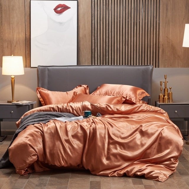 Qfdian Cozy apartment aesthetic Bedding Set Solid Color Luxury Bedding Kit Rayon Satin Duvet Cover Set Twin Queen King Size Bed Set 2pcs/3pcs/4pcs