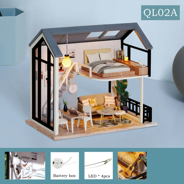 Qfdian gifts for women hot sale new DIY Dollhouse Kit Wooden Doll Houses Miniature Dollhouse Furniture Kit with LED Toys for children Christmas Gift QL02