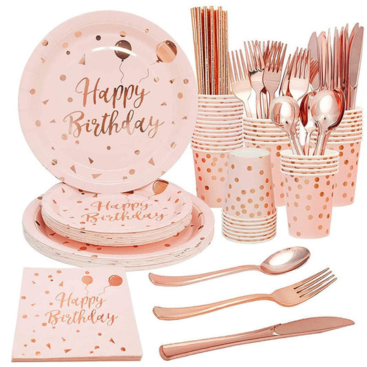 Rose Gold Party Disposable Tableware Set Party Table Decoration Paper Cups Plates Straws Napkins Wedding Birthday Party Supplies