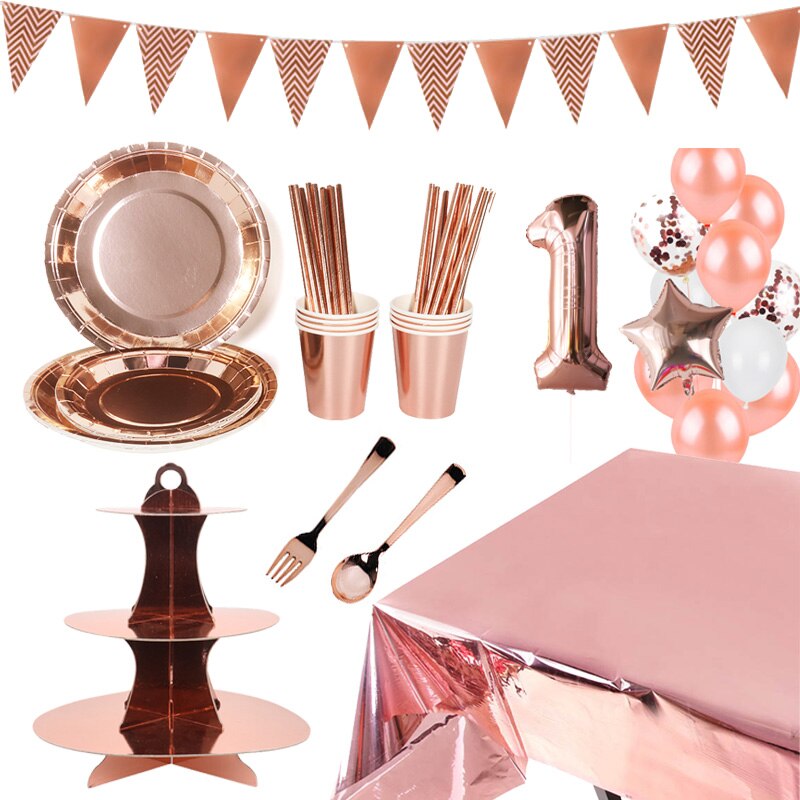 Rose Gold Party Disposable Tableware Set Party Table Decoration Paper Cups Plates Straws Napkins Wedding Birthday Party Supplies