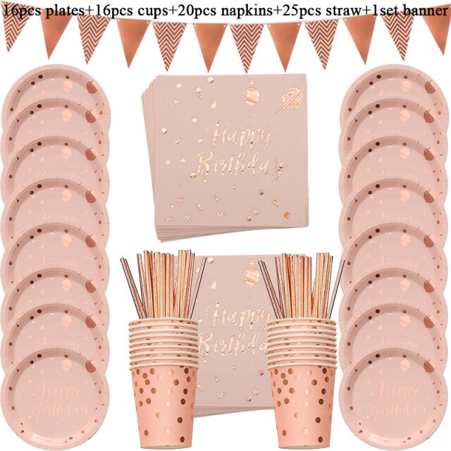 Rose Gold Party Disposable Tableware Set Party Table Decoration Paper Cups Plates Straws Napkins Wedding Birthday Party Supplies