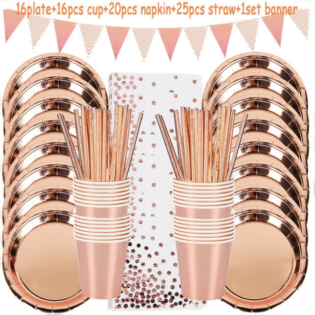 Rose Gold Party Disposable Tableware Set Party Table Decoration Paper Cups Plates Straws Napkins Wedding Birthday Party Supplies