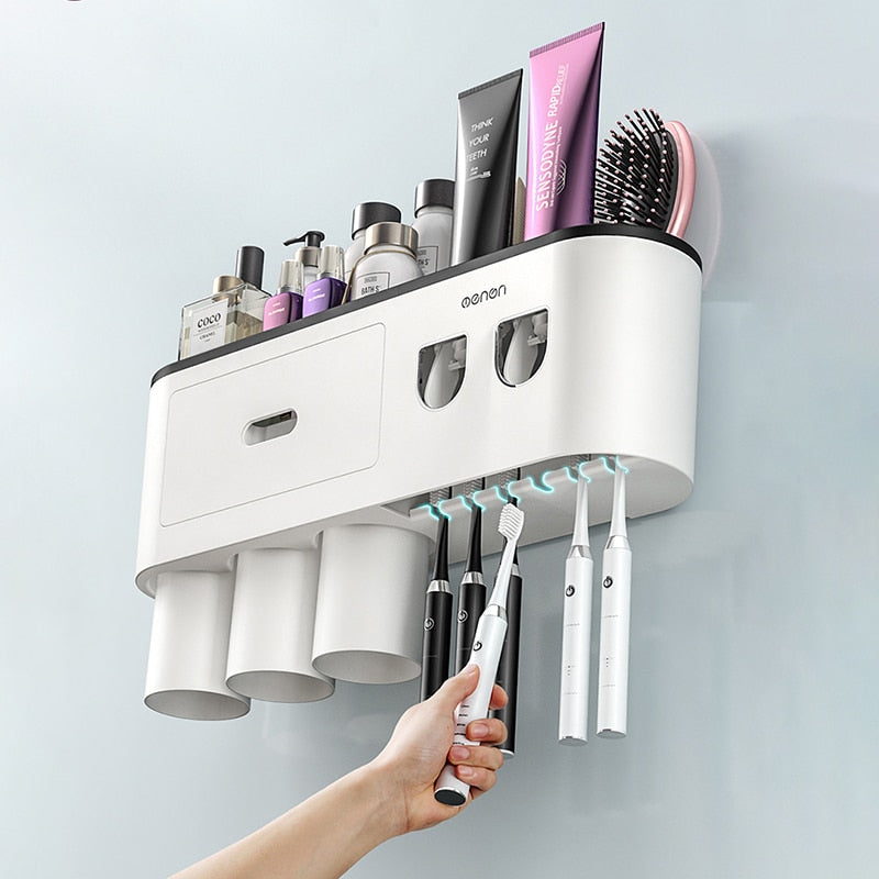 Qfdian Wall-mounted Toothbrush Holder With 2 Toothpaste Dispenser Punch-free Bathroom Storage For Home Waterproof Bathroom Accessories