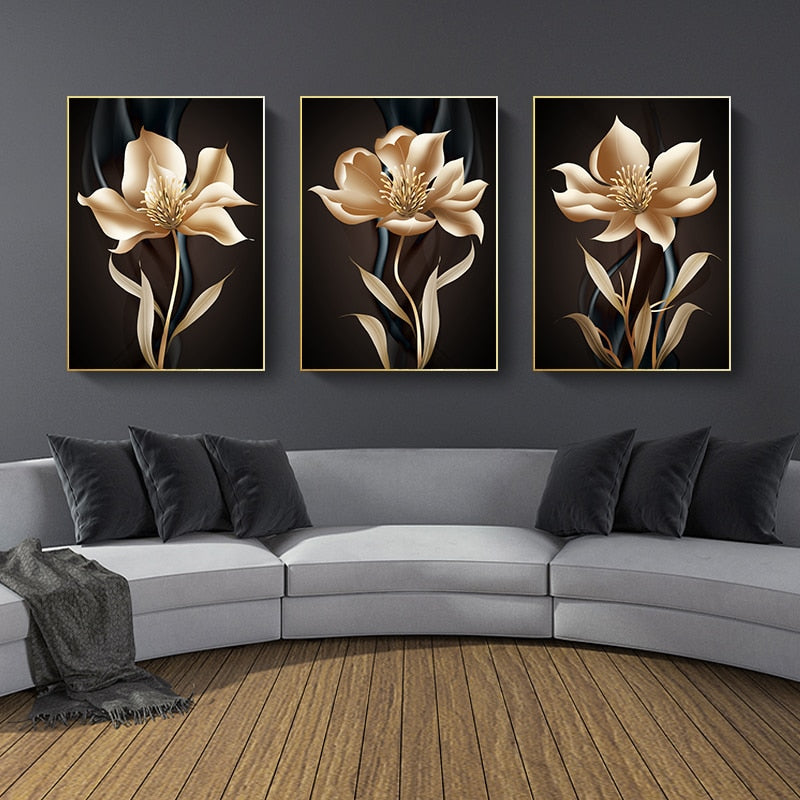 Golden Black Flower Poster Light Luxury Abstract Wall Art Canvas Print Modern Painting Wall Pictures for Living Room Home Decor