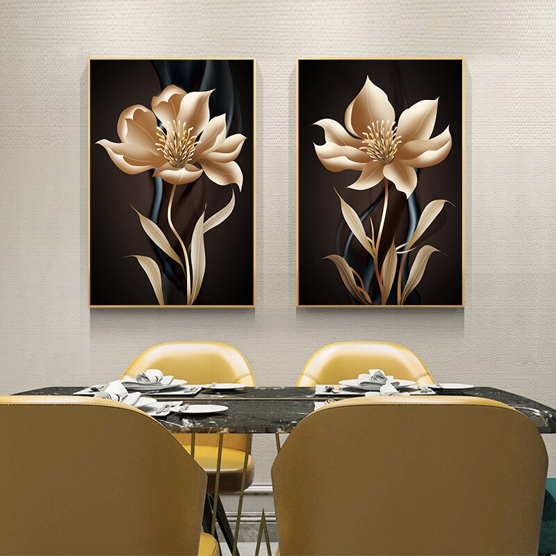 Golden Black Flower Poster Light Luxury Abstract Wall Art Canvas Print Modern Painting Wall Pictures for Living Room Home Decor