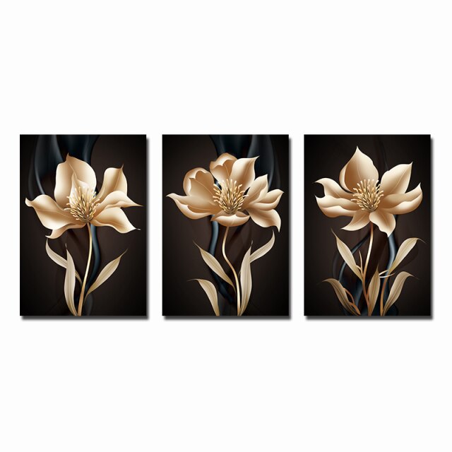 Golden Black Flower Poster Light Luxury Abstract Wall Art Canvas Print Modern Painting Wall Pictures for Living Room Home Decor