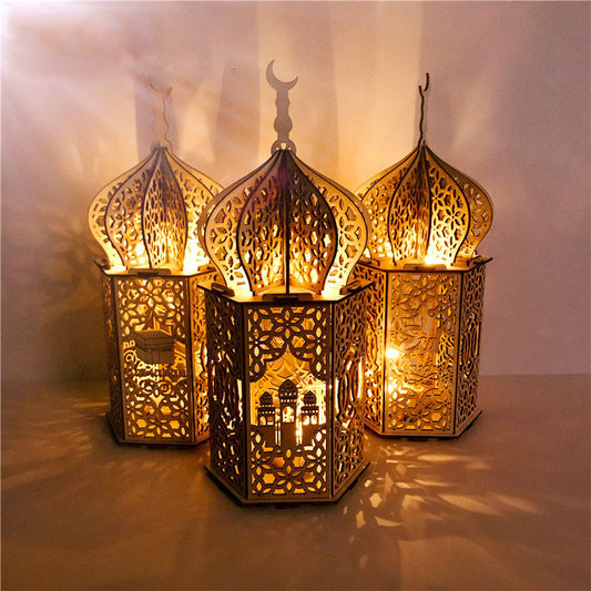 Qfdian Party decoration valentines day hot sale new Ramadan Decoration Wooden Palace Light Eid Mubarak Party Favors Wood Craft Ramadan Kareem Deco Muslim Islamic Eid Party