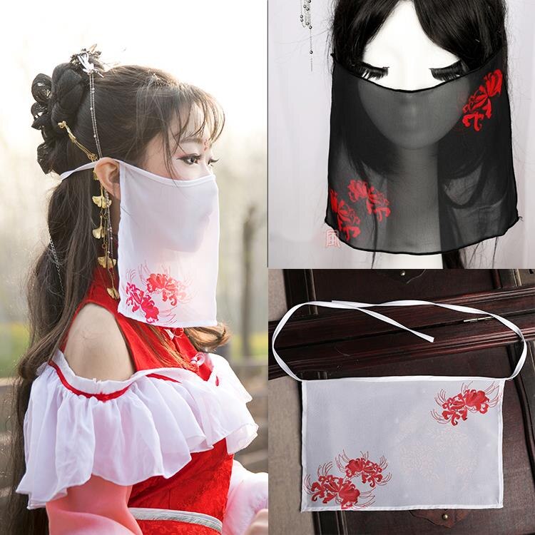 Qfdian Holiday gift Beautiful Ancient Style Veil Digital Printing Red And White Hanfu Accessories Half Transparent And Elegant Lace Up Fairy Cosplay