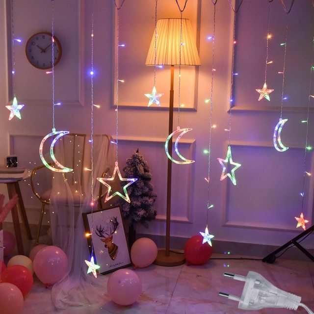 Qfdian home decor hot sale new 3.5M 220V LED Moon Star Lamp Christmas Garland String lights Fairy Curtain light Outdoor For Holiday Wedding  Party Decoration