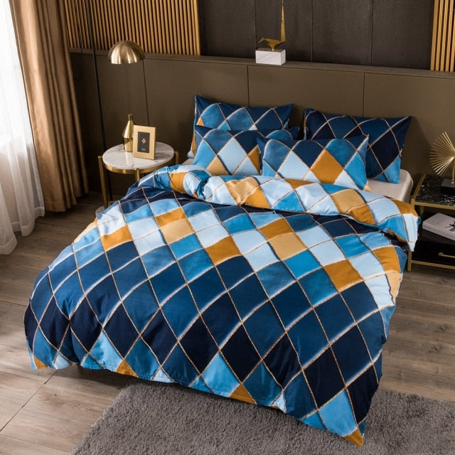 Qfdian Cozy apartment aesthetic Nordic Geometric Plaid Gilt Duvet Cover Set 240x220 King Size Bedding Sets Pillowcase Double Queen Quilt Covers (No Bed Sheet)