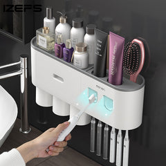 Qfdian Wall-mounted Toothbrush Holder With 2 Toothpaste Dispenser Punch-free Bathroom Storage For Home Waterproof Bathroom Accessories