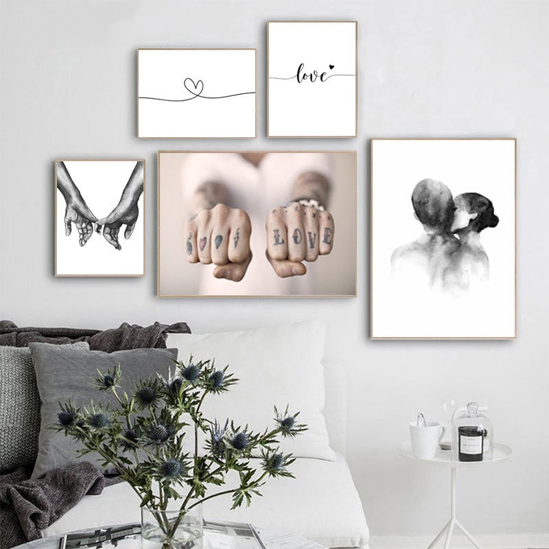 Nordic Black White Shoulder Kiss Hand Wall Art Canvas Poster Minimalist Print Love Quotes Painting Picture for Living Room Decor