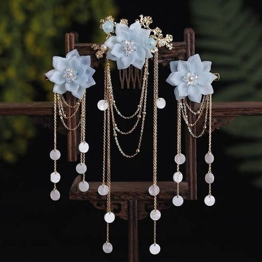 Qfdian wedding decorations hot sale new Hair Accessories for Women Hair Comb Floret Hanfu Tassel Hairstick Blue Tiaras Bridal Crown Fairy Headdress Luxury Party Jewelry