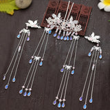 Qfdian wedding decorations hot sale new Hair Accessories for Women Hair Comb Floret Hanfu Tassel Hairstick Blue Tiaras Bridal Crown Fairy Headdress Luxury Party Jewelry