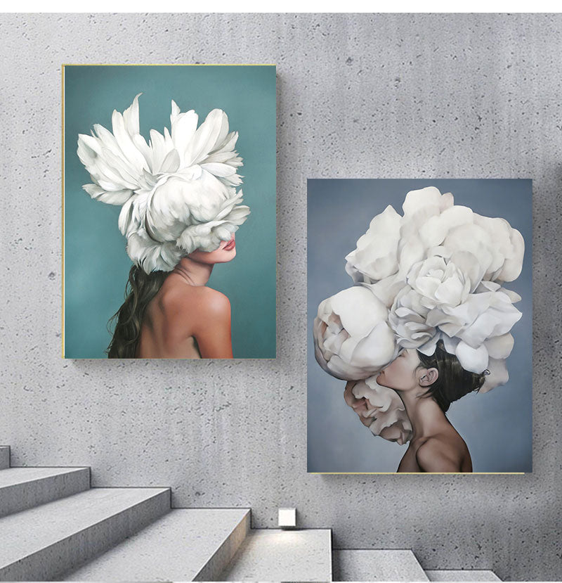 Qfdian valentines day gifts Decorative Painting Living Room Home Decoration Flowers Feathers Woman Abstract Canvas Painting Wall Art Print Poster Picture