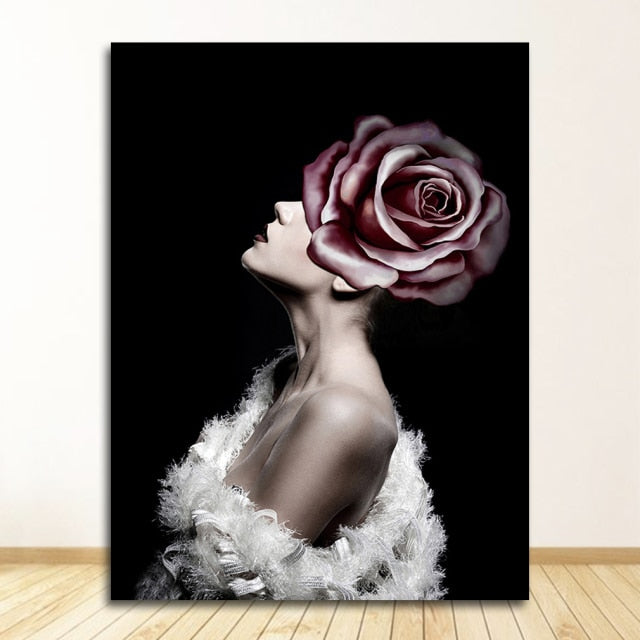 Qfdian valentines day gifts Decorative Painting Living Room Home Decoration Flowers Feathers Woman Abstract Canvas Painting Wall Art Print Poster Picture