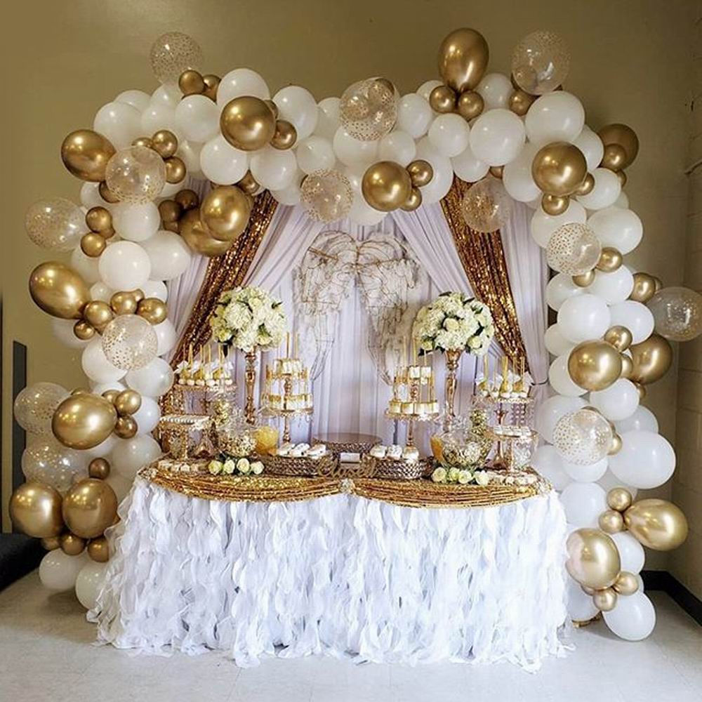 Qfdian 125pcs White Gold Balloon Garland Arch Kit Gold Dot Chrome Metallic Latex Ballon for Wedding Birthday Christmas Party Decor
