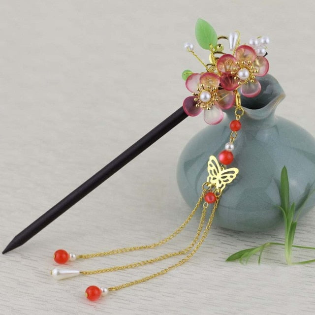 Qfdian gifts for?women hot sale new Retro Flower Tassel Hairpin Hanfu Wooden Hair Stick Ancient Style Hair Ornament Girl Headdress Bride Jewelry Wedding Accessories