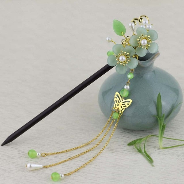 Qfdian gifts for?women hot sale new Retro Flower Tassel Hairpin Hanfu Wooden Hair Stick Ancient Style Hair Ornament Girl Headdress Bride Jewelry Wedding Accessories