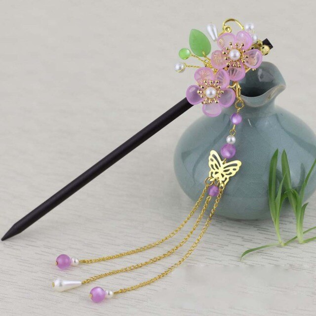 Qfdian gifts for?women hot sale new Retro Flower Tassel Hairpin Hanfu Wooden Hair Stick Ancient Style Hair Ornament Girl Headdress Bride Jewelry Wedding Accessories