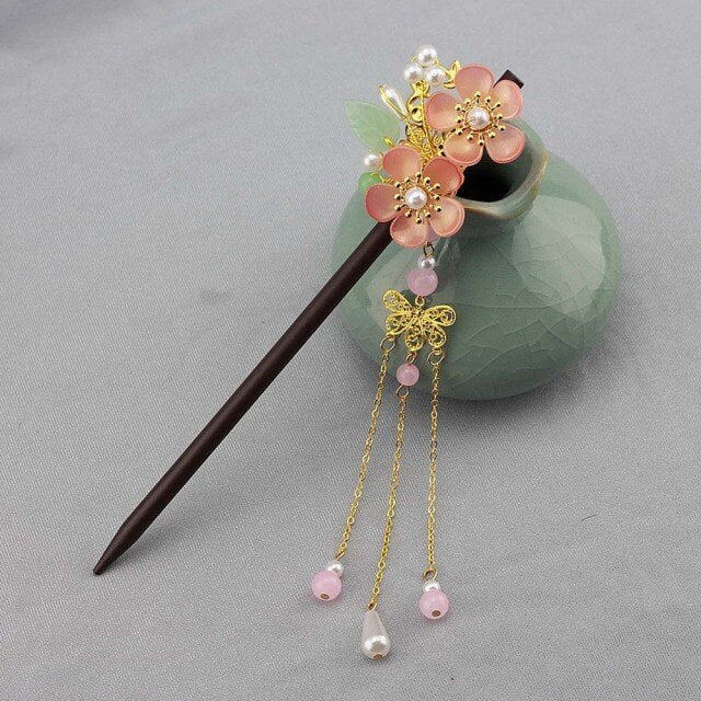 Qfdian gifts for?women hot sale new Retro Flower Tassel Hairpin Hanfu Wooden Hair Stick Ancient Style Hair Ornament Girl Headdress Bride Jewelry Wedding Accessories