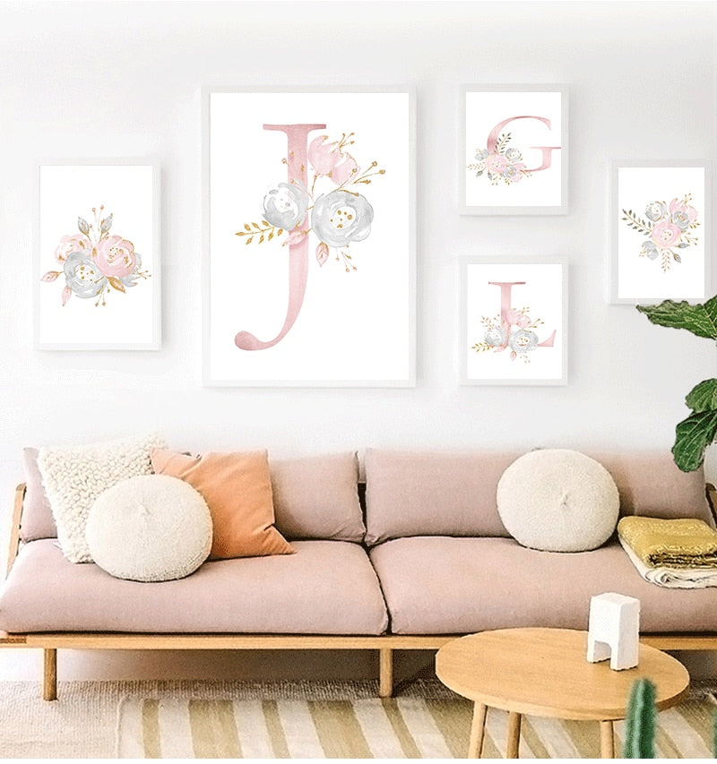 Qfdian valentines day gifts Flowers Wall Art Pictures For Girls Room Decoration Personalized Poster Baby Name Custom Canvas Painting Nursery Prints Pink