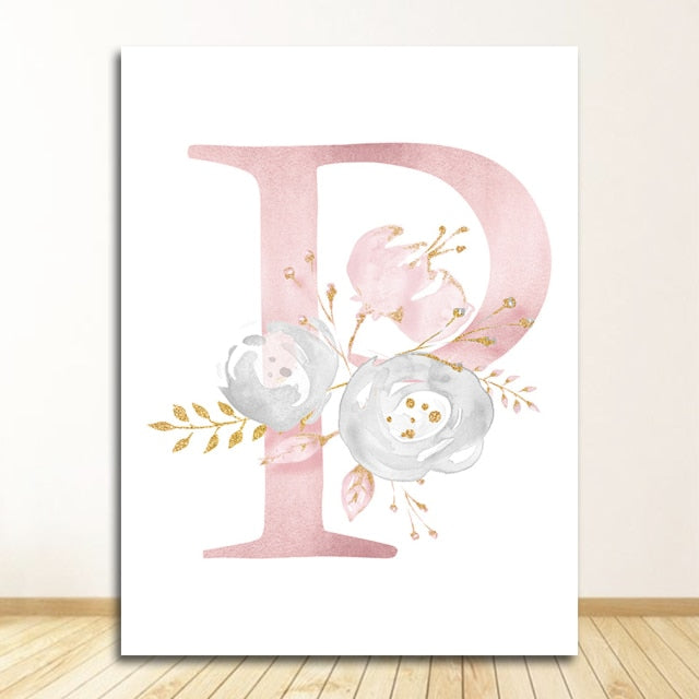 Qfdian valentines day gifts Flowers Wall Art Pictures For Girls Room Decoration Personalized Poster Baby Name Custom Canvas Painting Nursery Prints Pink