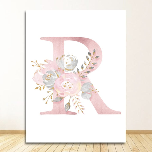 Qfdian valentines day gifts Flowers Wall Art Pictures For Girls Room Decoration Personalized Poster Baby Name Custom Canvas Painting Nursery Prints Pink