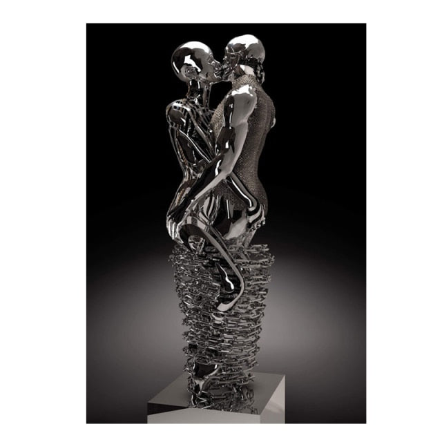 Qfdian Nordic Couples Metal Figure Statue Wall Art Canvas Painting Lover Sculpture Poster Print Wall Picture for Living Room Home Decor