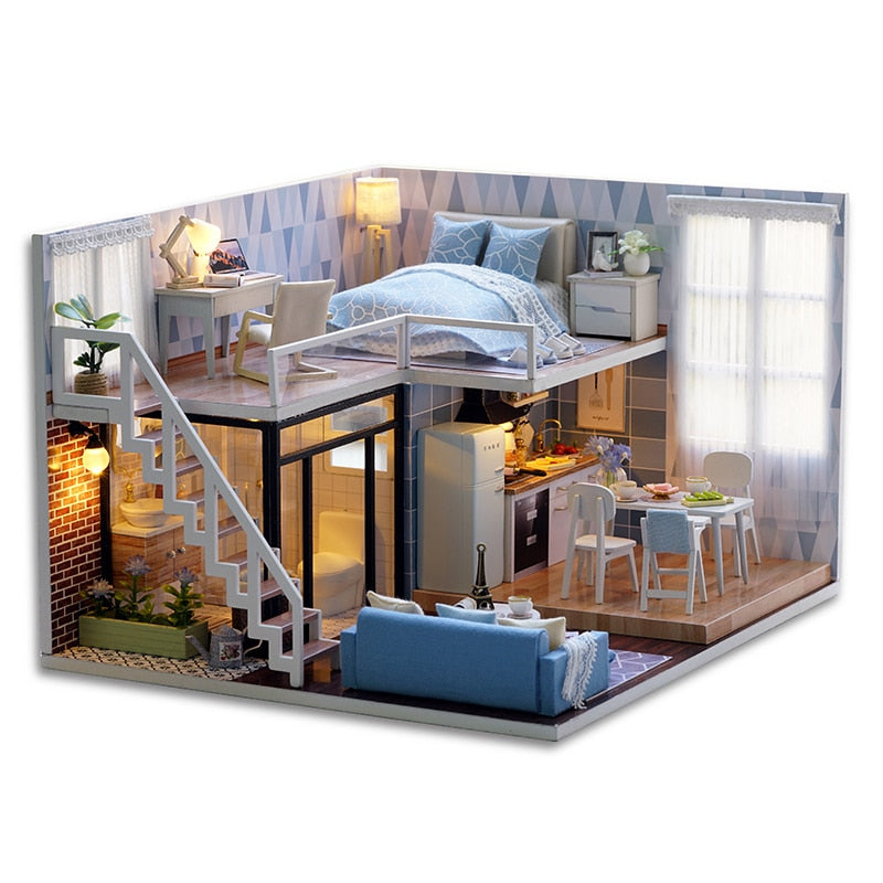 Qfdian  DIY Doll House Wooden Doll Houses Miniature Dollhouse Furniture Diorama Kit with LED Toys for Children Christmas Gift