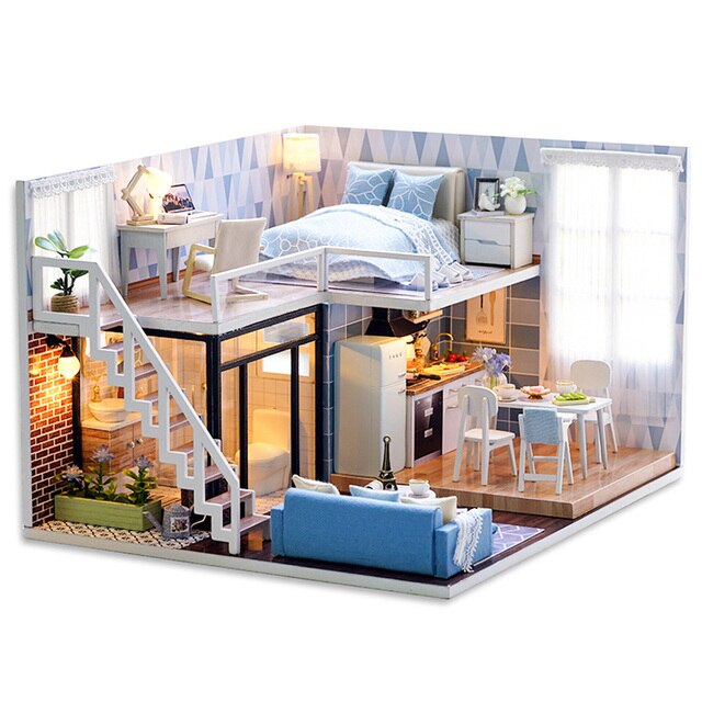 Qfdian  DIY Doll House Wooden Doll Houses Miniature Dollhouse Furniture Diorama Kit with LED Toys for Children Christmas Gift