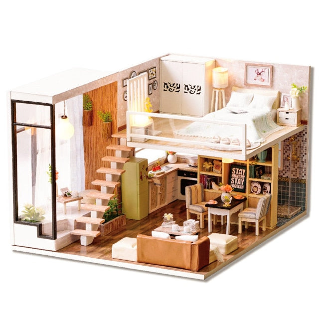 Qfdian  DIY Doll House Wooden Doll Houses Miniature Dollhouse Furniture Diorama Kit with LED Toys for Children Christmas Gift