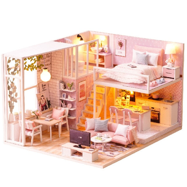 Qfdian  DIY Doll House Wooden Doll Houses Miniature Dollhouse Furniture Diorama Kit with LED Toys for Children Christmas Gift