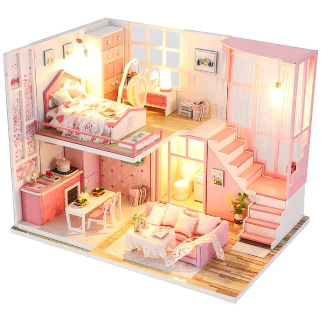 Qfdian  DIY Doll House Wooden Doll Houses Miniature Dollhouse Furniture Diorama Kit with LED Toys for Children Christmas Gift