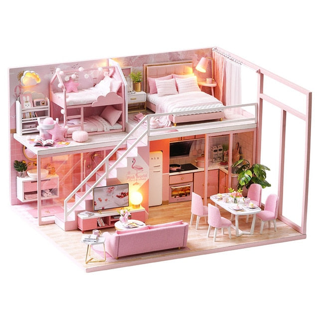 Qfdian  DIY Doll House Wooden Doll Houses Miniature Dollhouse Furniture Diorama Kit with LED Toys for Children Christmas Gift