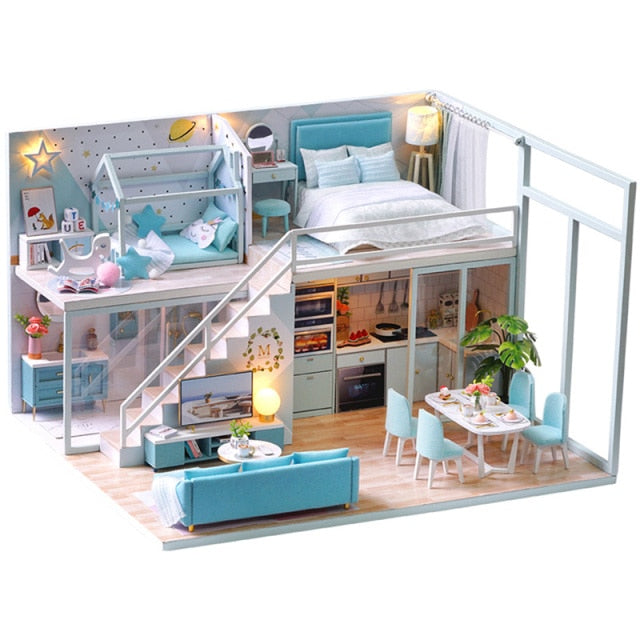 Qfdian  DIY Doll House Wooden Doll Houses Miniature Dollhouse Furniture Diorama Kit with LED Toys for Children Christmas Gift