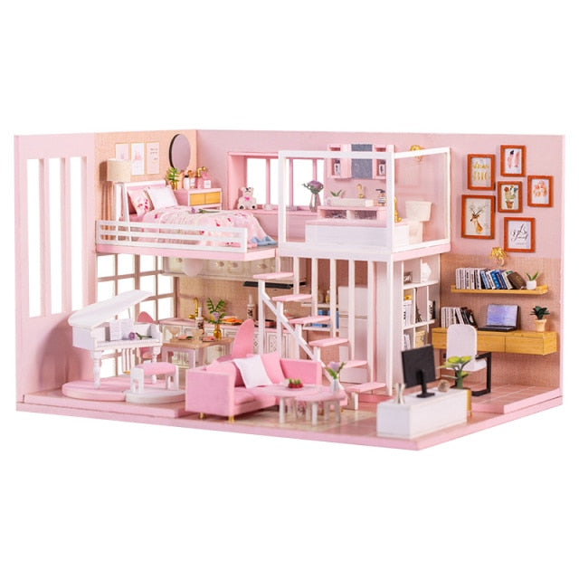 Qfdian  DIY Doll House Wooden Doll Houses Miniature Dollhouse Furniture Diorama Kit with LED Toys for Children Christmas Gift