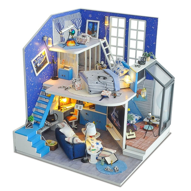 Qfdian  DIY Doll House Wooden Doll Houses Miniature Dollhouse Furniture Diorama Kit with LED Toys for Children Christmas Gift