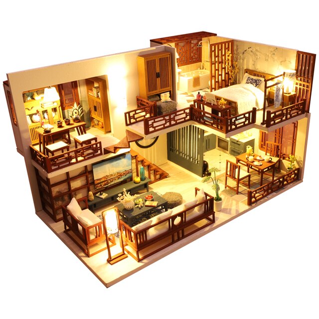 Qfdian  DIY Doll House Wooden Doll Houses Miniature Dollhouse Furniture Diorama Kit with LED Toys for Children Christmas Gift